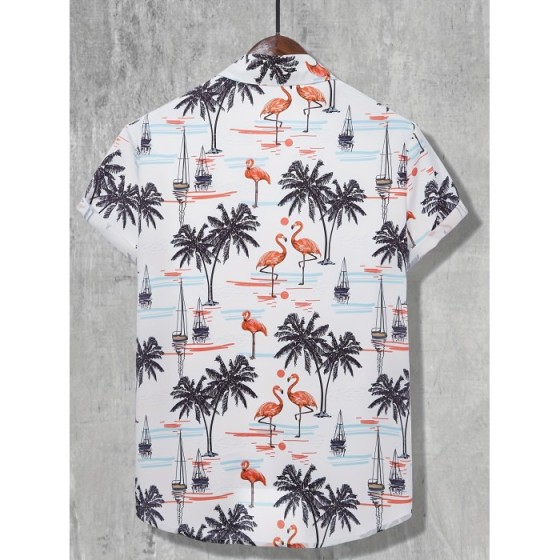 Men's Shirt Top, Flamingo & Coconut Tree Print, Camp Collar Bowling Shirts Short Sleeve Closure Summer Hawaiian Shirt Male Casual Button Up Shirt