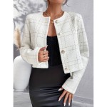 Button Front Plaid Blazer, Elegant Crew Neck Long Sleeve Outerwear, Women's Clothing