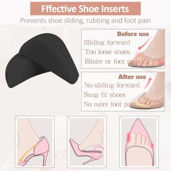 Shoe Toe Inserts for Loose Shoes - 4 Pairs Cushioned Foam Fillers for Women & Men(4Black)