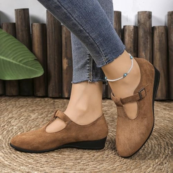 Women's Dress Flats Ballet Low Wedge Round Toe Ankle Strap Comfortable Casual Business Office Work Flats Shoes